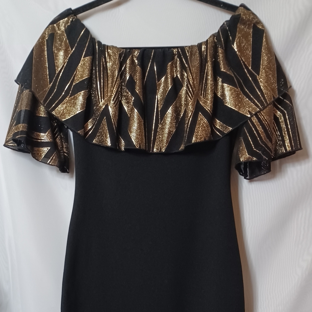 Freesia Women's Black and Gold Ruffle Elastic Neck Bodycon Mini Dress. Size M - Picture 6 of 8